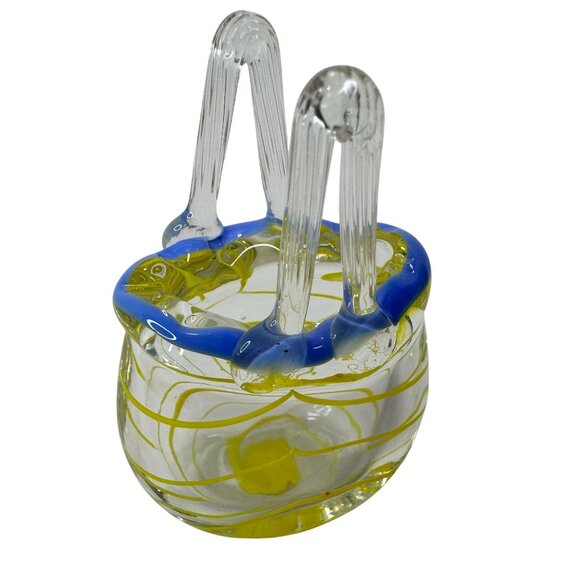 Vintage Handblown Art Glass MINI Basket Purse Blue & Yellow Swirls 2 Inch Decor - Picture 2 of 11